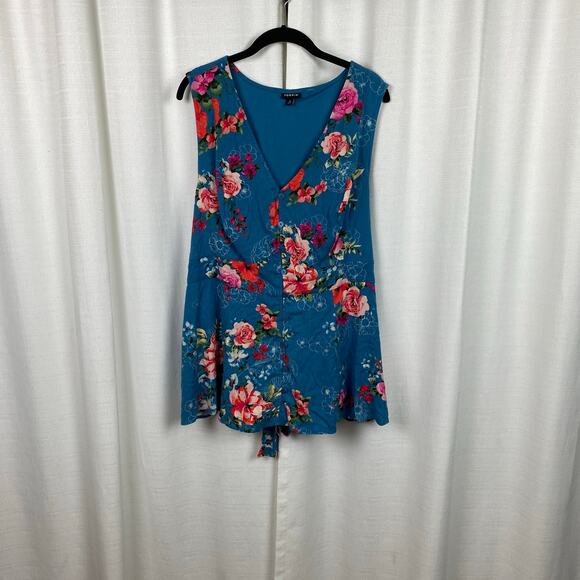 Torrid Blue Floral Rayon Slub Button Up With Waist Detail Tank Blouse Sz.3 - Picture 5 of 16